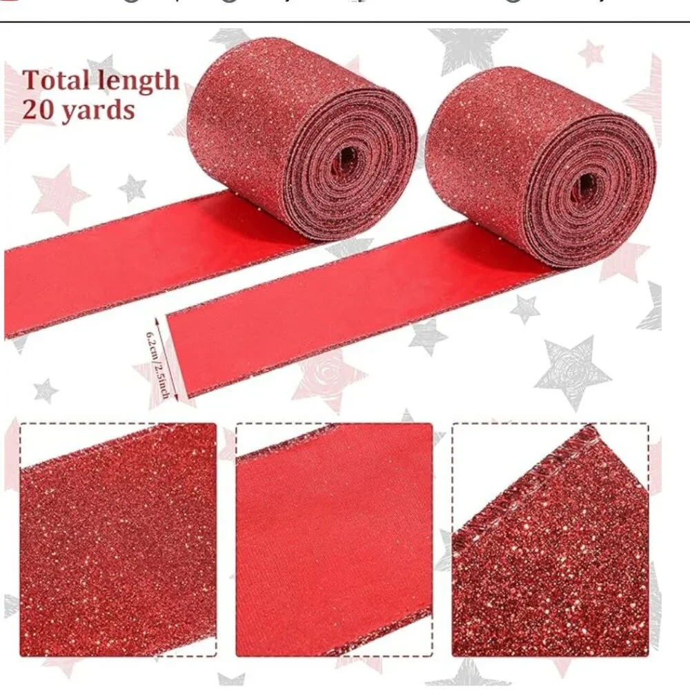 4/4 2 Rolls 20 Yards Christmas Glitter Ribbon Glitter Wired Ribbon Shiny Ribbon